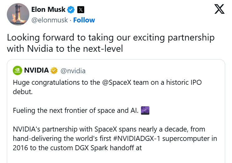 联手打造太空算力？SpaceX刚上市，马斯克就喊话黄仁勋：合作升级！